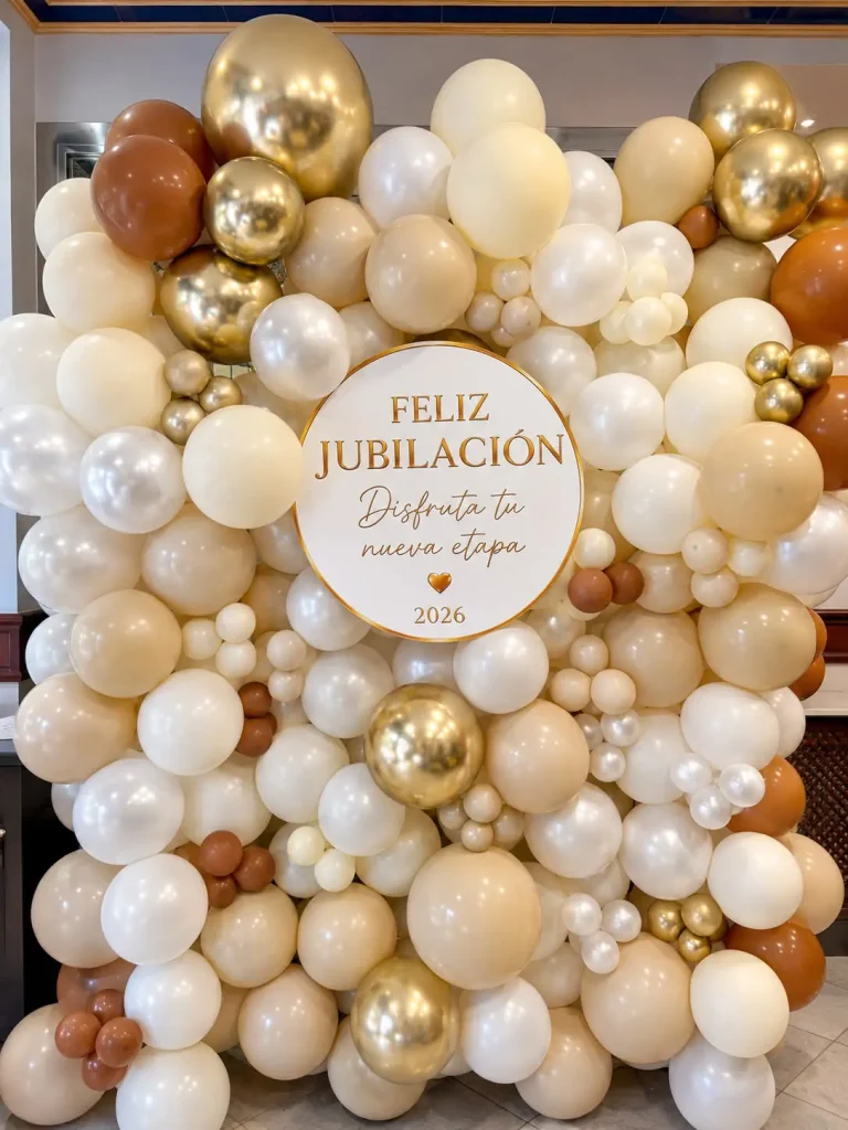 Fiesta de jubilación en Madrid con globos dorados, blancos y cobre y cartel Feliz jubilación