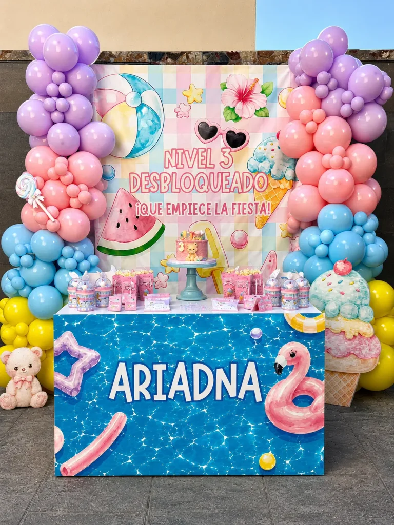 Fiesta de cumpleaños con arco de globos pastel, mesa dulce y decoración personalizada montada por Azalea