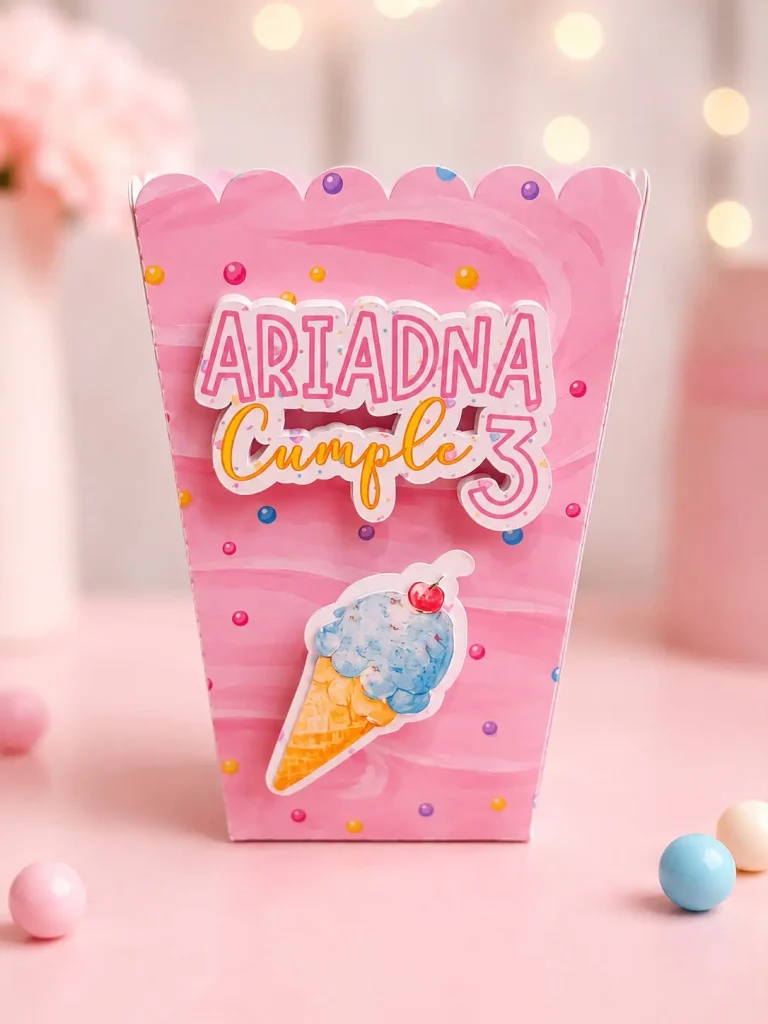 Cucurucho rosa personalizado con helado para una fiesta de cumpleaños infantil