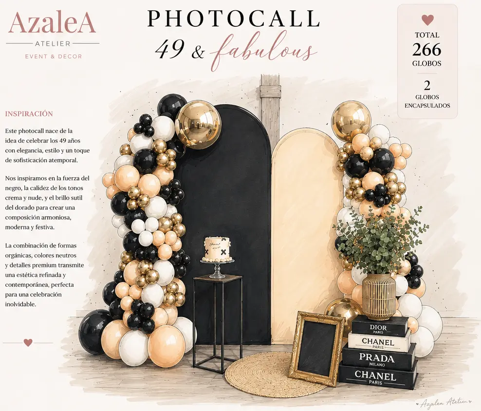 Propuesta de diseño de un photocall con paneles en arco y guirnaldas de globos, un ejemplo de cómo organizar un evento en Madrid con Azalea